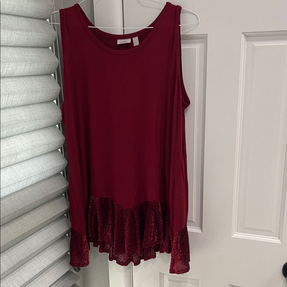 LOGO by Lori Goldstein Deep Red Tank Top Shell Velvet Ruffle XL